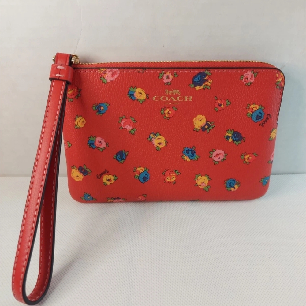 Coach New York Red Color Rose Print Wristlet Zipper Wallet